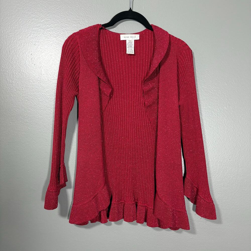 Nine West Women's Red & Gold Sparkle Ruffle Silk Cardigan Sweater - Size Small